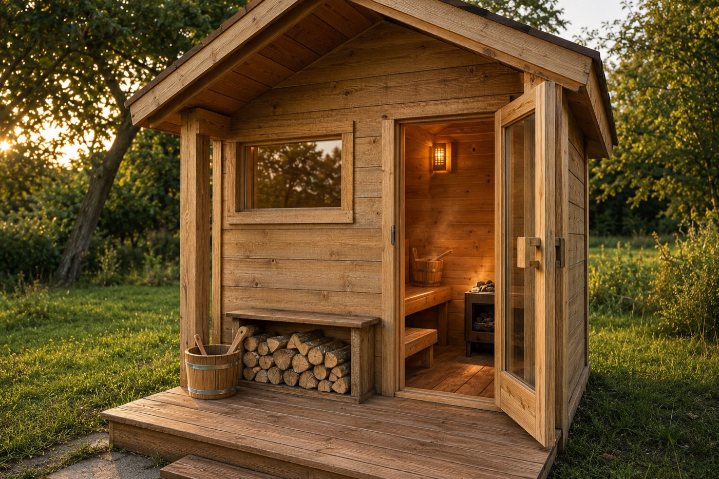 Cedar sauna cabin with its door open and firewood stacked outside at a Catskill NY spa