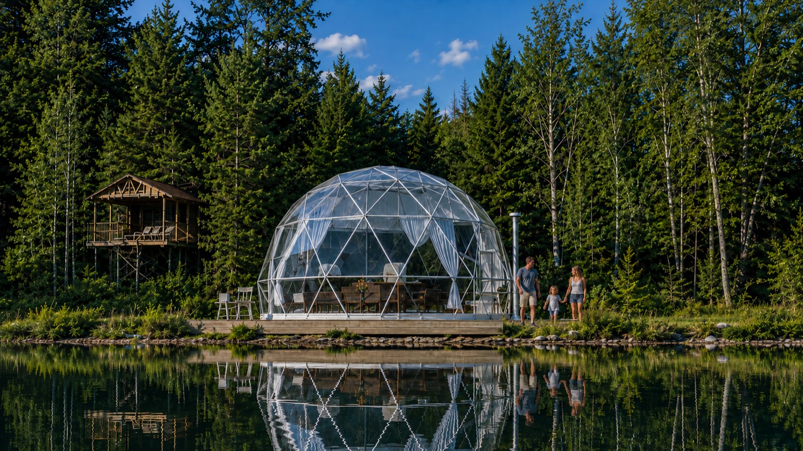 Guests walking toward a geodesic spa dome beside the lake in Catskill, New York
