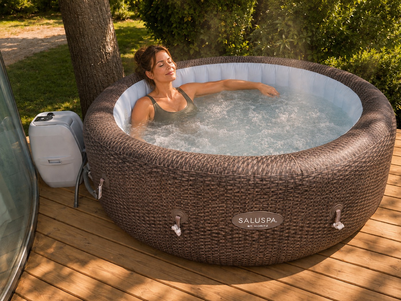 Guest soaking in a woven outdoor hot tub on a wooden deck at a Catskill NY spa