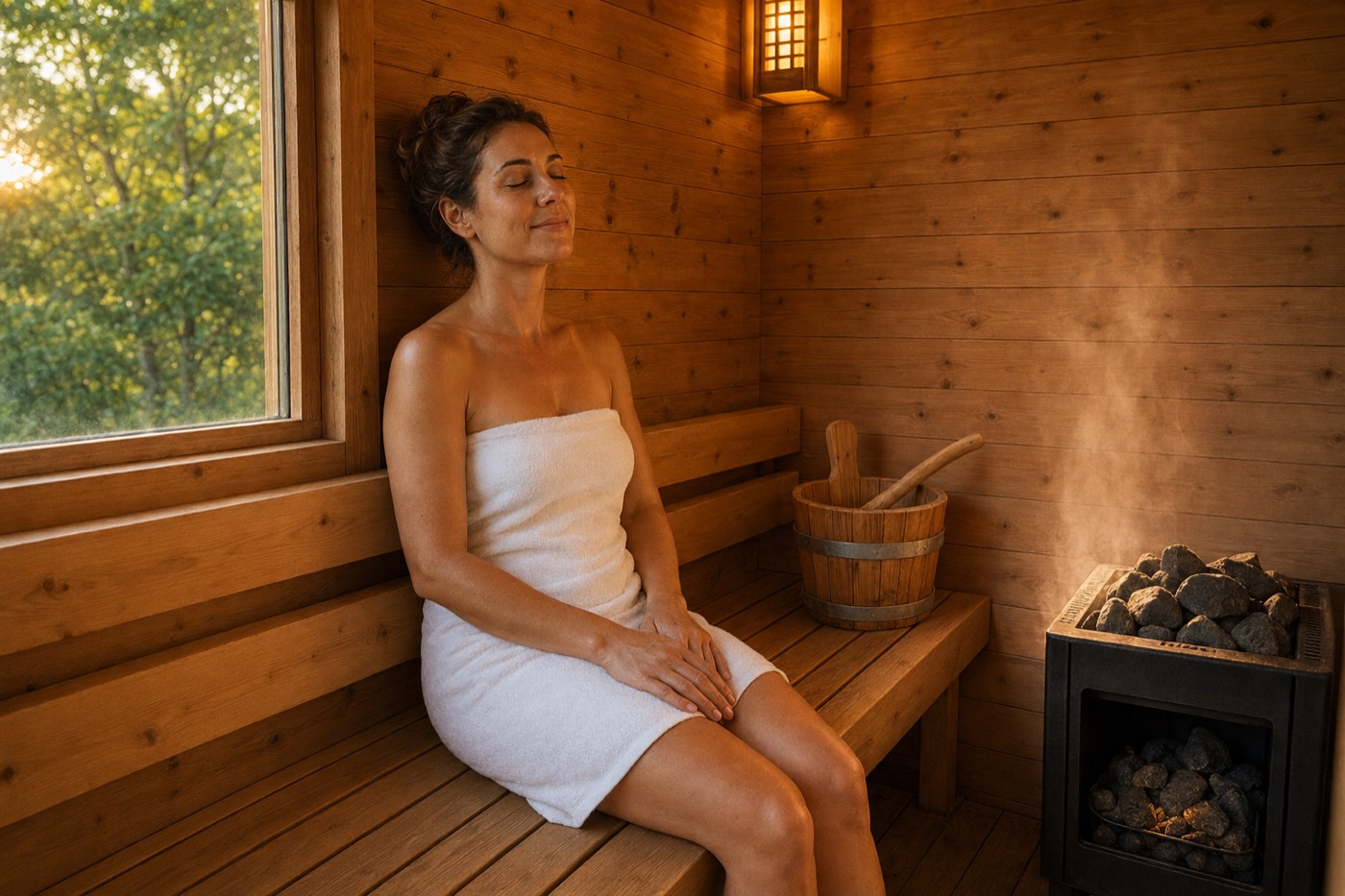 Guest relaxing alone on a bench in a warm infrared sauna cabin in Catskill NY