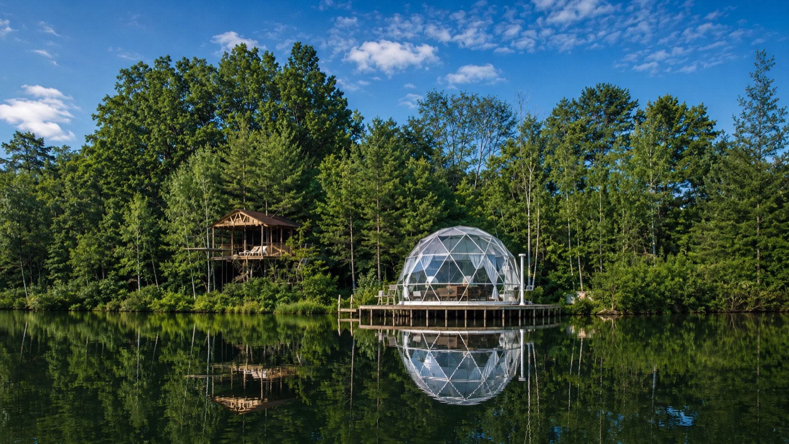 Lakeside spa dome reflected in a still private lake at Catskill Spa & Massage in Catskill, NY