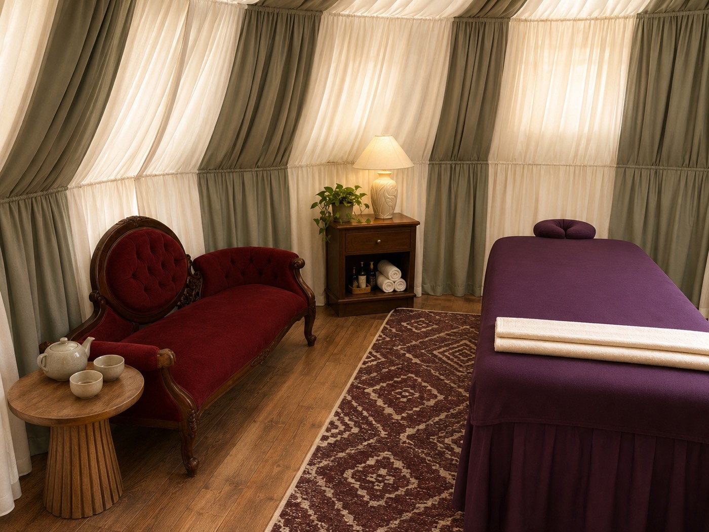 Draped private massage treatment room with a purple massage table at a Catskill NY day spa