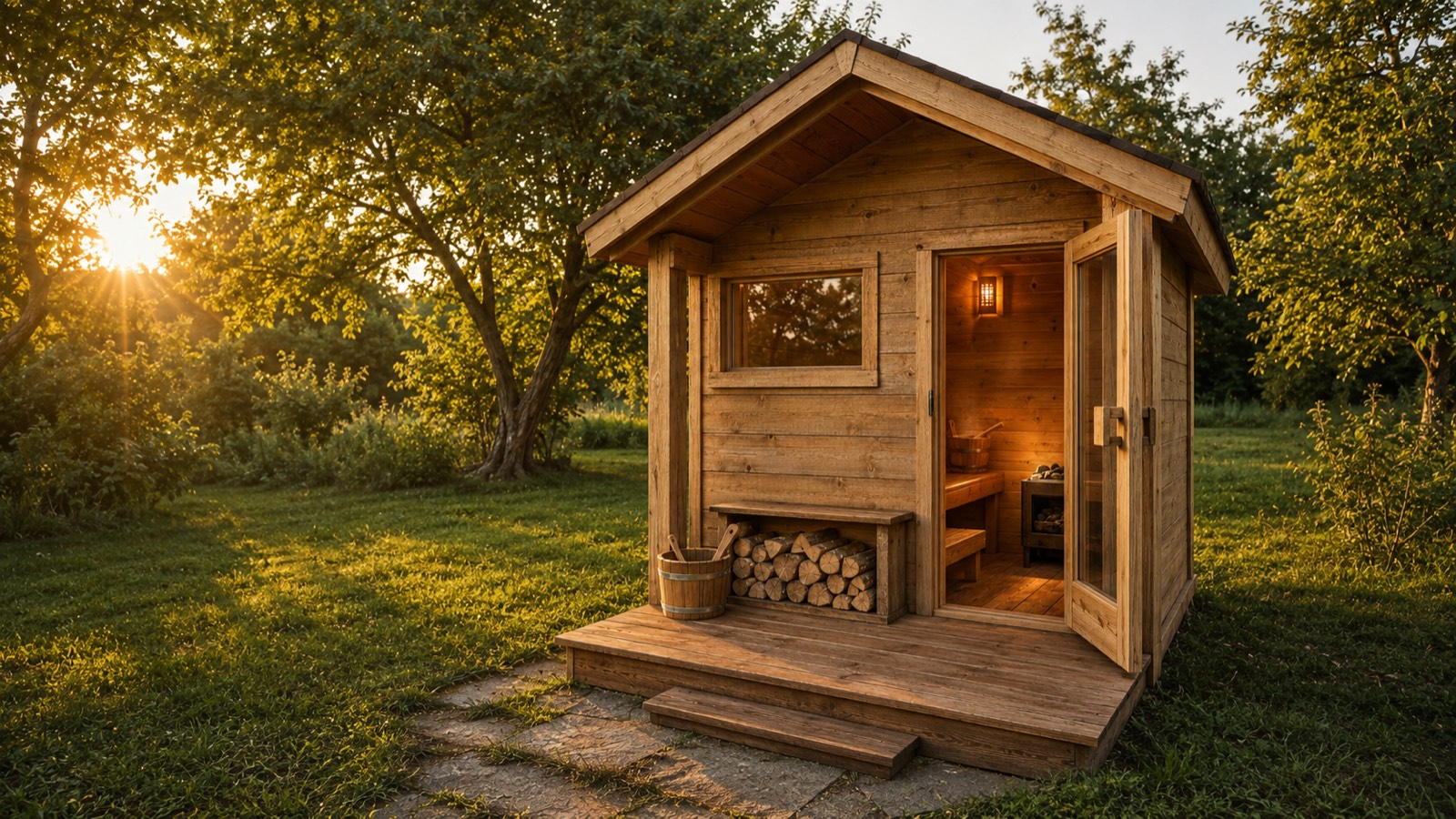Outdoor cedar sauna cabin glowing at golden hour on the grounds of a Catskill NY spa