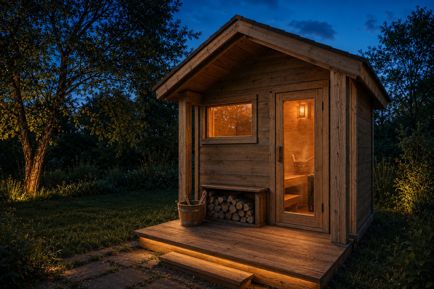 Cedar sauna cabin glowing warmly in the blue light of evening at a Catskill NY spa